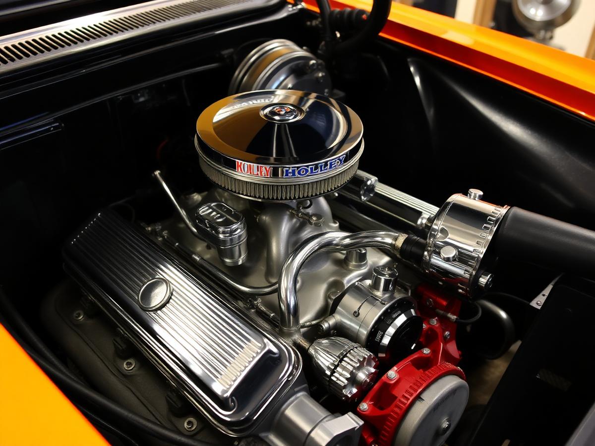 Classic muscle car engine bay with Holley carburetor